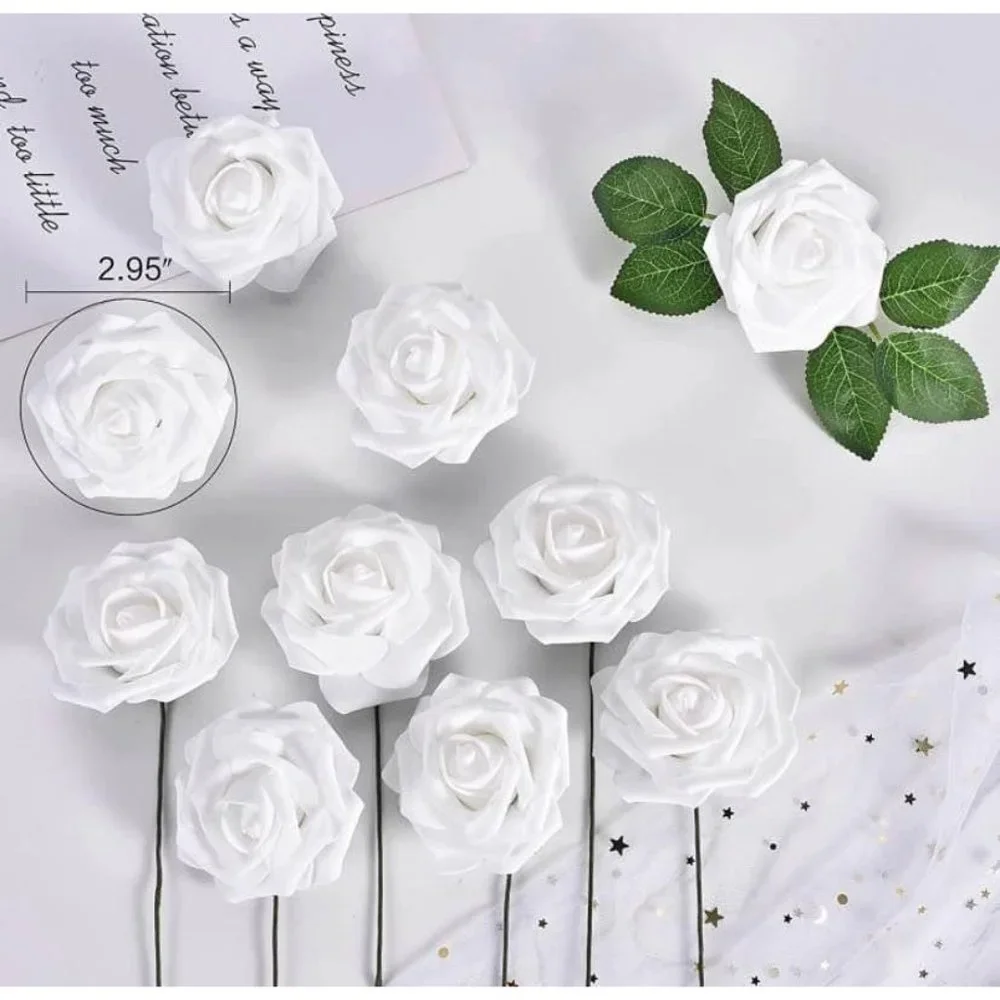 25 count | White Roses Faux Flowers with Stems Wedding Bouquet Centerpiece Decor